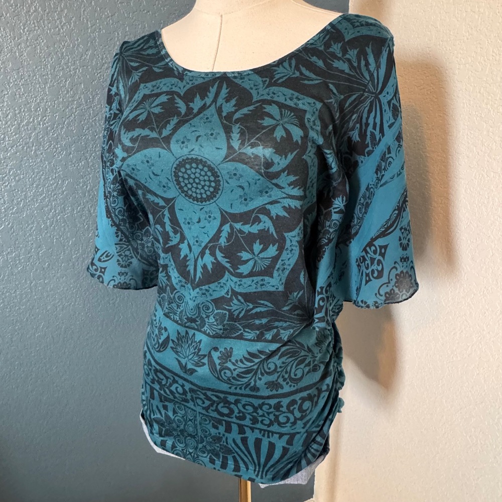 Boho Whimsigoth Mandala Espresso Top Medium Teal Black